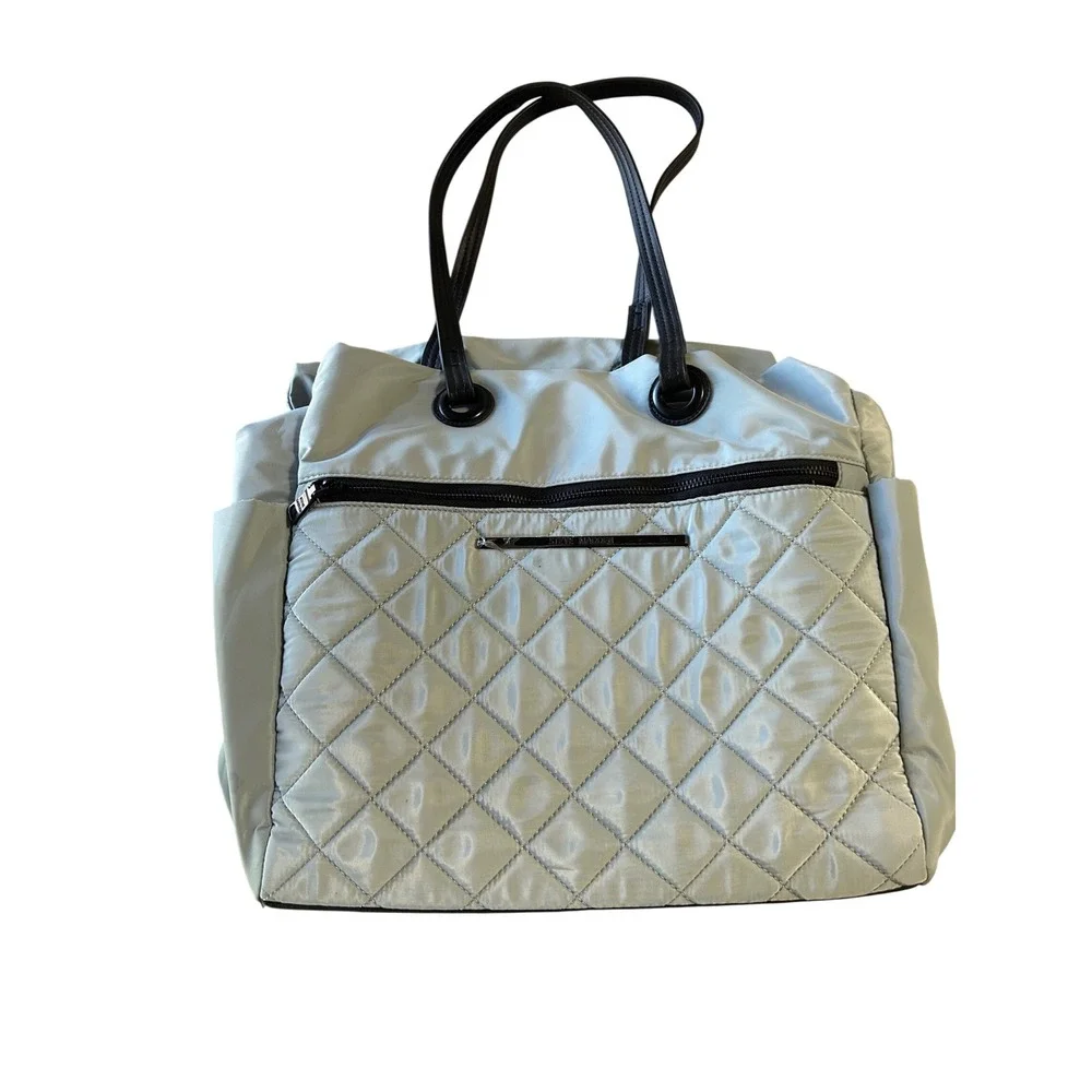 Steve Madden Quilted Nylon Tote Bag Blue Grey‎ Shoulder Bag with Pouch